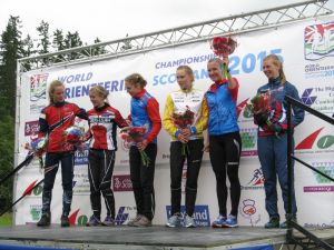 Great Britain's Cat Taylor on the podium after taking sixth place in the Women's Long race WOC2015, Grahame Nicoll