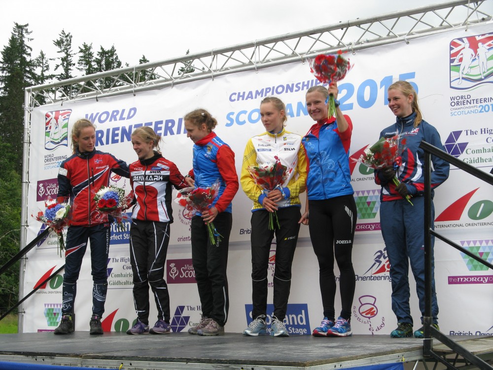Great Britain's Cat Taylor on the podium after taking sixth place in the Women's Long race WOC2015